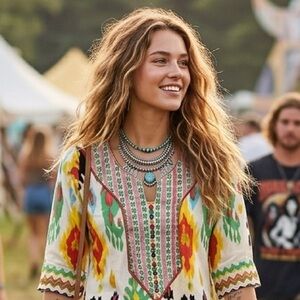 Boho Festival Geometric Tunic Resort Ikat Embroidered 100% Cotton Blouse Size L